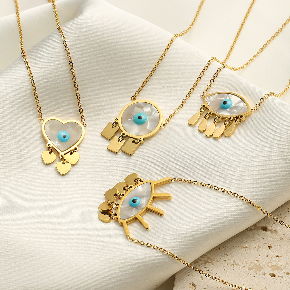 Minimalist Geometric Titanium Steel Evil Eye Pendant Necklace with Tassel for Women
