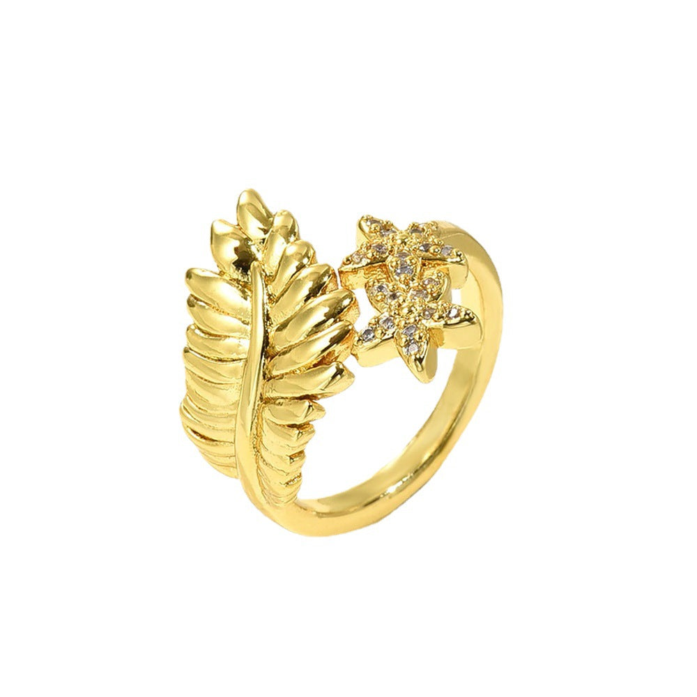 Anello da donna a forma di fiore a foglia geometrica in rame con placcatura in oro 18 carati e zirconi micro-pavé