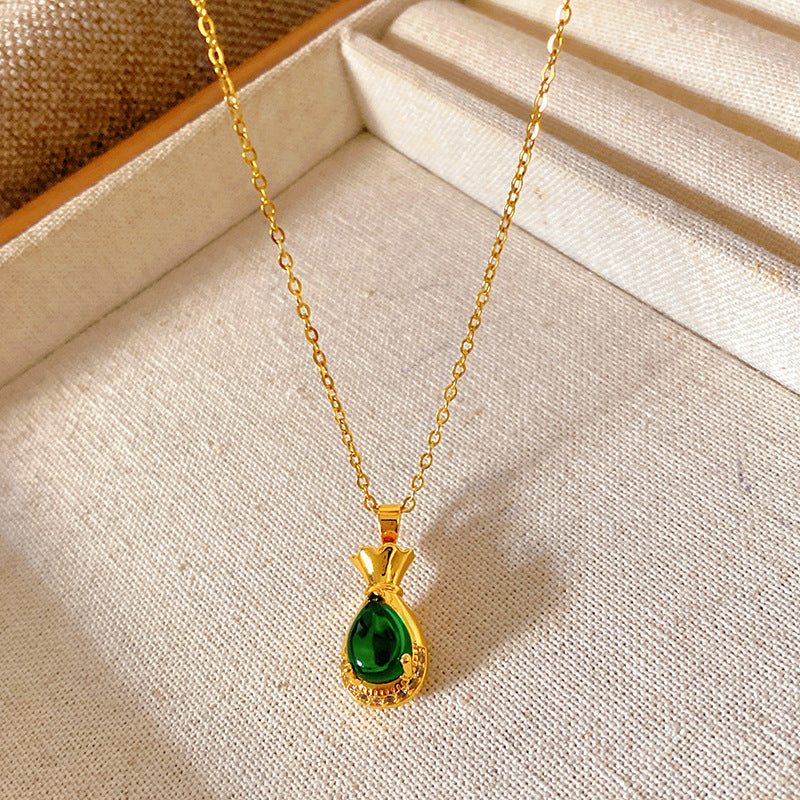 Sweet Minimalist Brass Gourd Pendant with Cubic Zirconia Inlay on Titanium Steel Cable Chain Necklace for Women