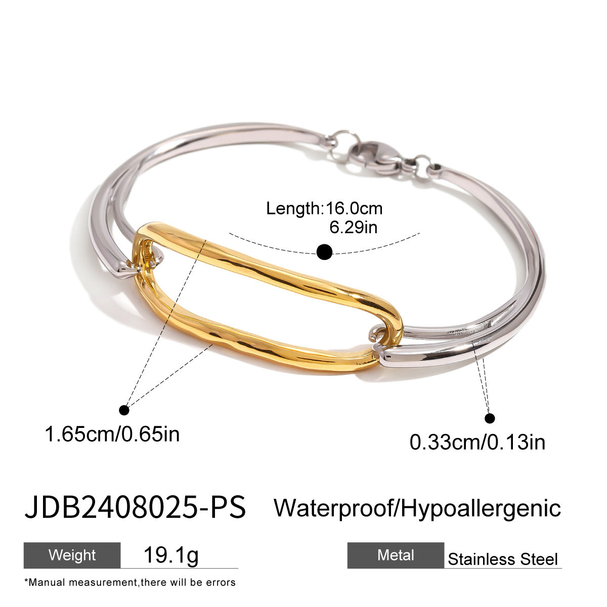 Pulsera de acero inoxidable con baño de oro de 18 quilates de dos tonos, geométrica y minimalista para mujer