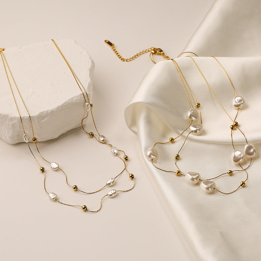 Minimalist Baroque Pearl Layered Necklace for Women with Titanium Steel Chain and Geometric Pendant
