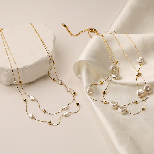 Minimalist Baroque Pearl Layered Necklace for Women with Titanium Steel Chain and Geometric Pendant