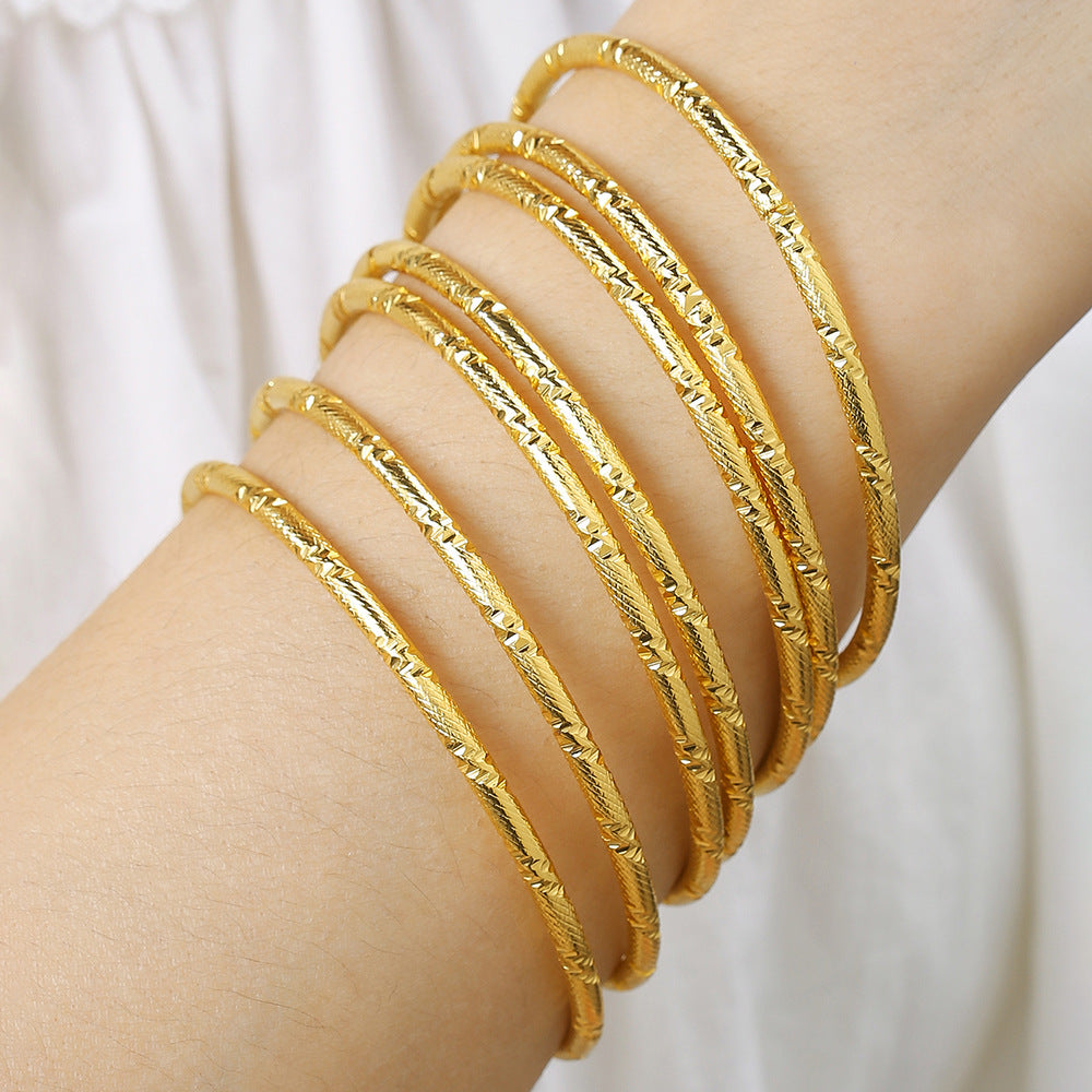 Gold Plated Brass Round Geometric Textured Coil Bangle for Women