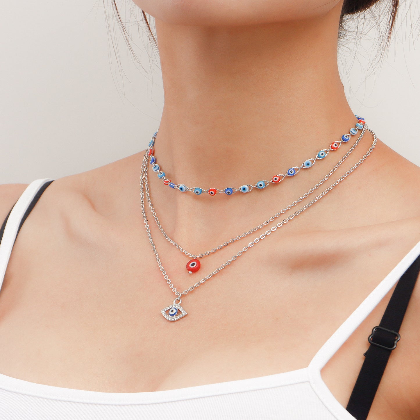 Fashionable Geometric Evil Eye Pendant Necklace for Women Alloy Plated Lightweight Luxury Layered Necklace