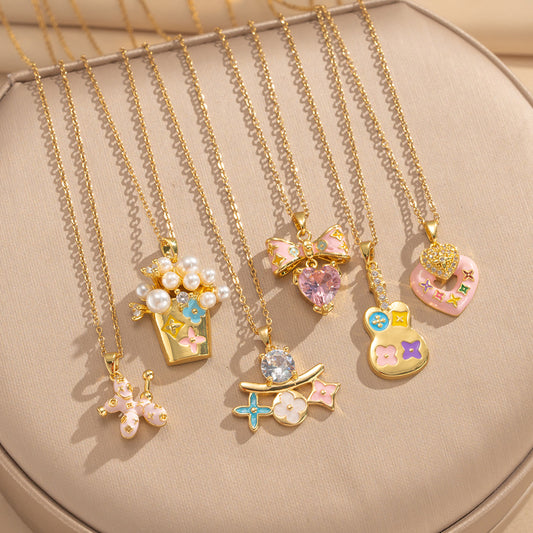 Collar con colgante de cobre chapado en oro de 18 quilates con microincrustaciones de circonita y esmalte, diseño geométrico floral de corazón, estilo lujo ligero, con cadena O de acero de titanio para mujer