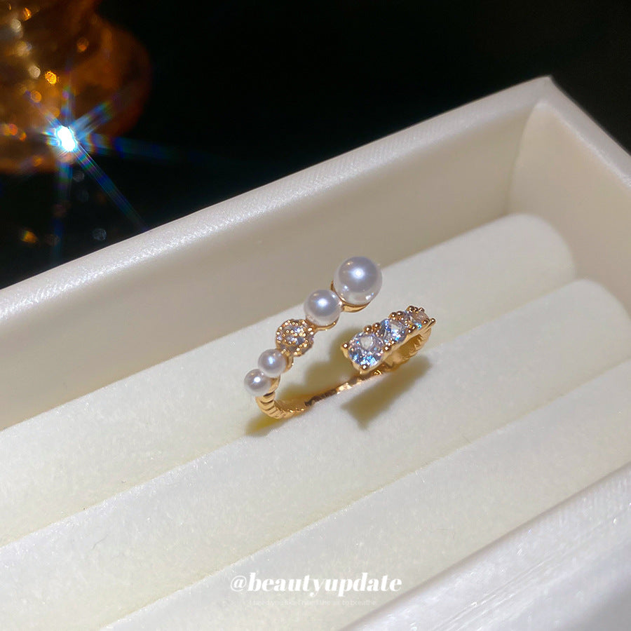 Anillo de Perlas Geométrico Minimalista Elegante con Incrustaciones de Circones para Mujer, Accesorio de Moda de Lujo para Uso Diario