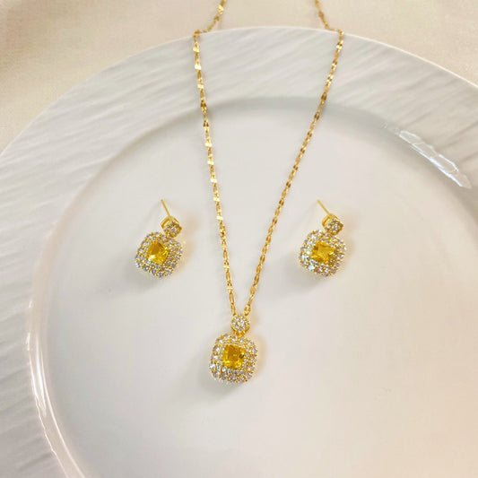 Gold Plated Titanium Steel Square Geometric Necklace and Earring Set with Micro-Inlaid Cubic Zirconia for Unisex