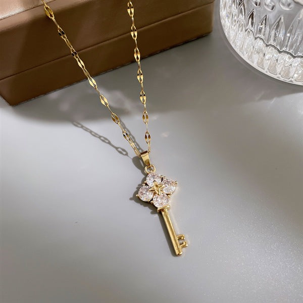 Retro-Style Key-Shaped Titanium Steel Necklace for Women with Plated Finish, Lip Chain Design, Tassel Pendant, Clavicle and Sweater Chain