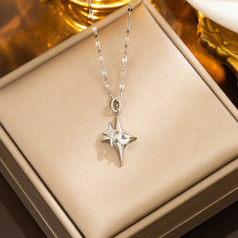 Minimalist Geometric Four-Pointed Star Cross Pendant Necklace for Women Titanium Steel Plated with Rhinestones