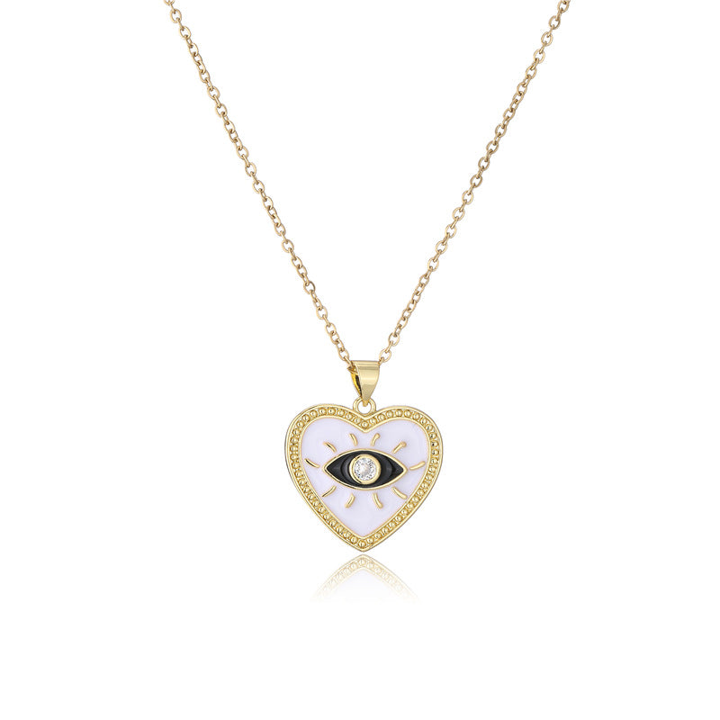 Fashion Heart Eye Geometric Drip Oil Gold Plated Brass Pendant Necklace for Women with Cable Chain