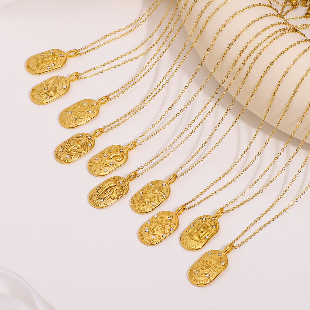 Minimalist Square Zodiac Pendant Necklace in Stainless Steel with Rhinestone Inlay and 18K Vacuum Plating for Women