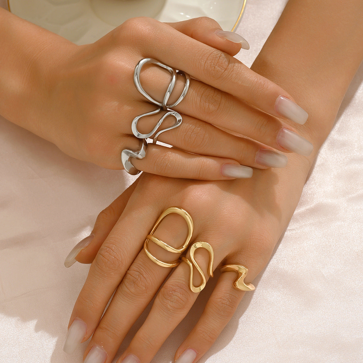 Conjunto de anillos abiertos ajustables con diseño de ondas geométricas para mujer, de aleación de zinc, chapados, anillos de moda