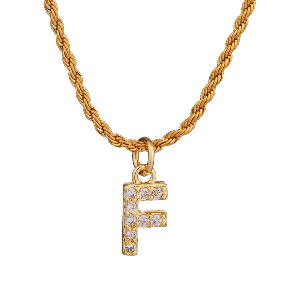 Collar con colgante de letra para mujer, minimalista, de moda, cadena trenzada de acero inoxidable con baño de oro e incrustaciones de circonita