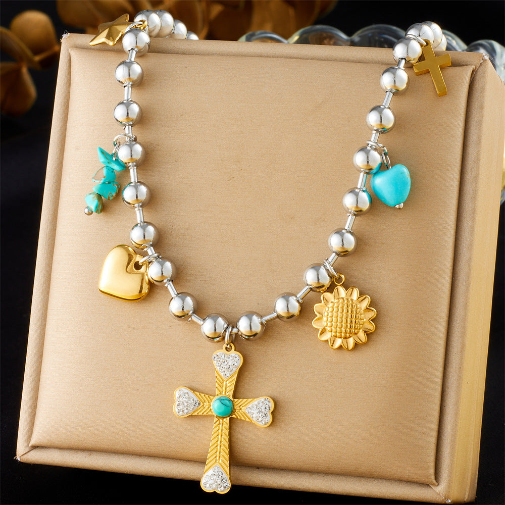 Sweet Cross Heart Bow Drip Oil Eye Pendant Stainless Steel Ball Chain Necklace for Women