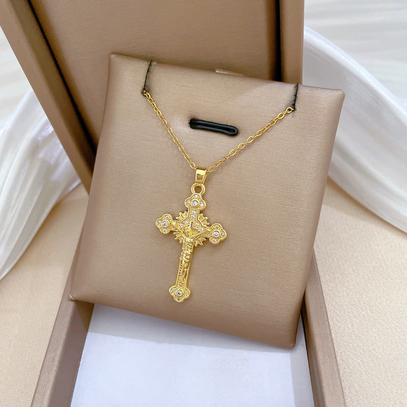 Collana minimalista con ciondolo a croce e intarsio di zirconi su catena in acciaio al titanio per donna e uomo