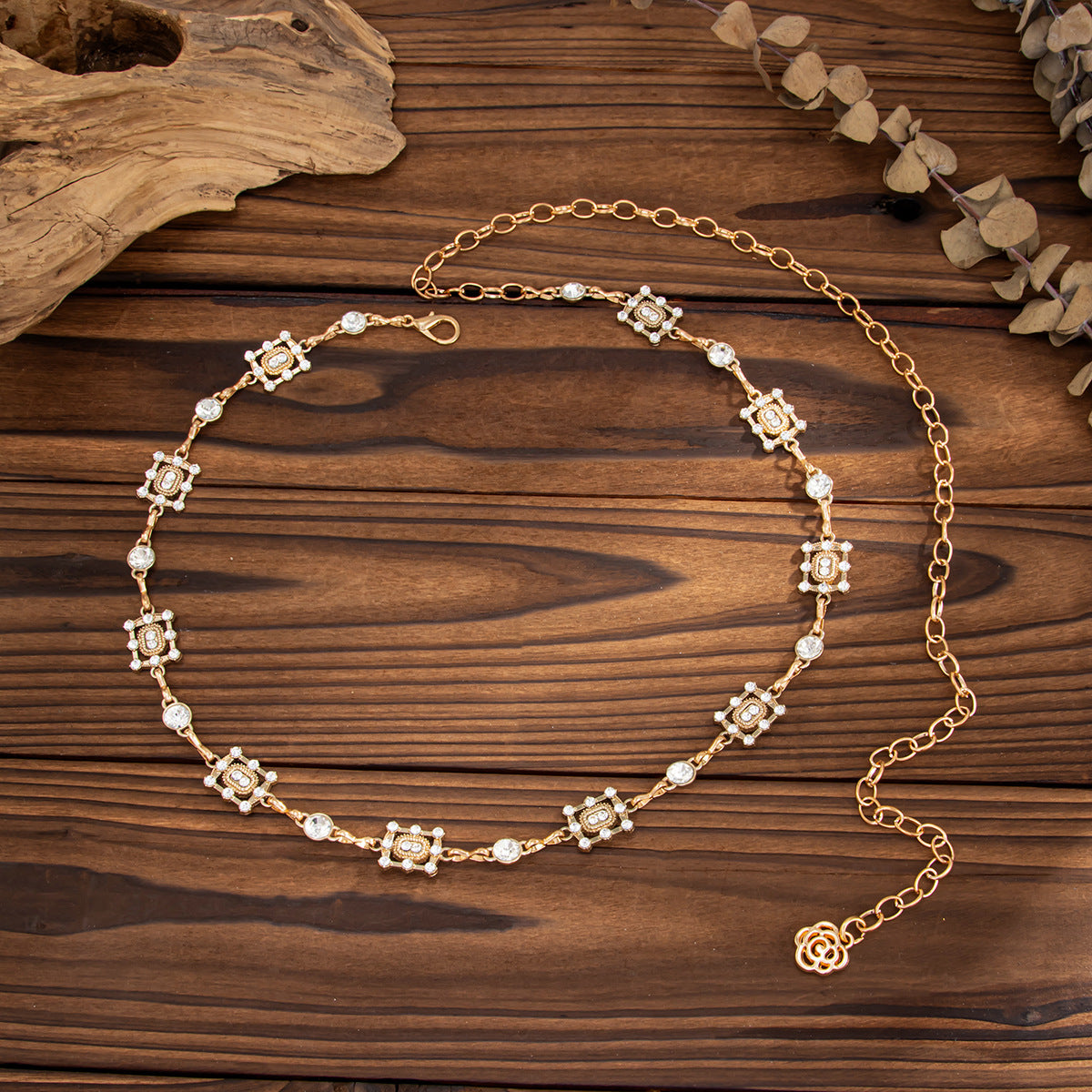 Fashion Geometric Square Hollow Rhinestone Inlaid Polished Iron Body Chain for Women