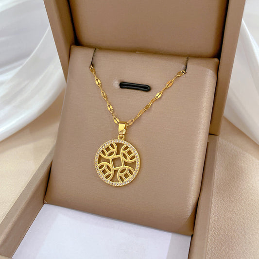 Collar con colgante de moneda geométrica minimalista en acero de titanio con incrustaciones de diamantes de imitación para mujer