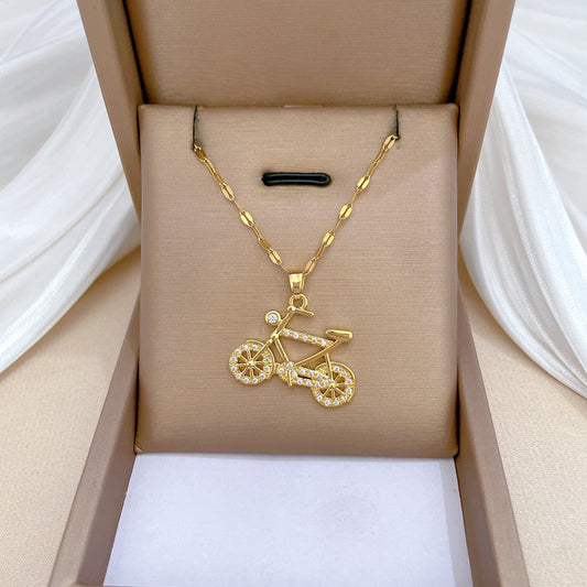 Luxury Titanium Steel Geometric Moon Pendant Necklace for Women and Men with Rhinestone Inlay and Delicate Clavicle Chain