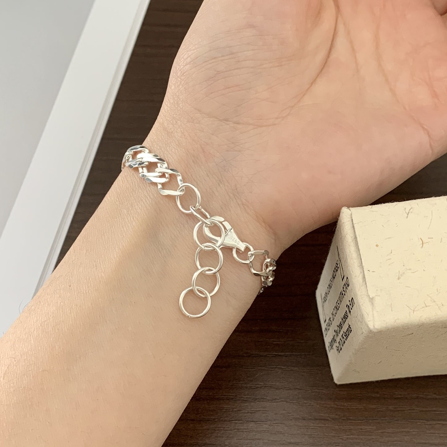 Minimalist Geometric S925 Sterling Silver Bracelet with Beveled Square Links