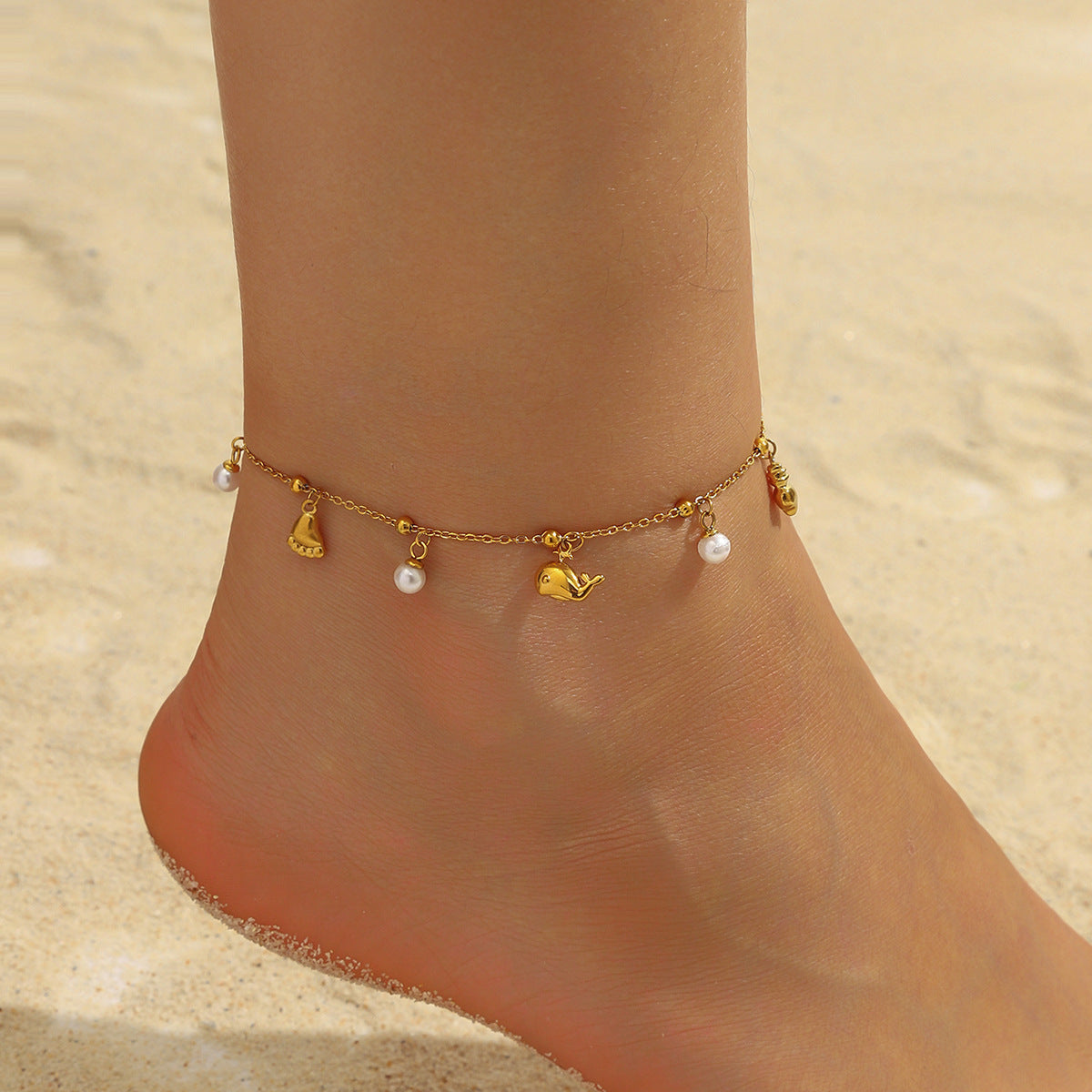 Minimalist Stainless Steel Starfish Turtle Animal Pearl Anklet for Women