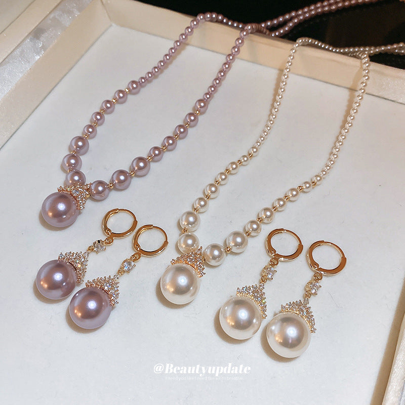 Set collana con pendente a perla rotonda minimalista placcato oro con orecchini abbinati a lobo da donna