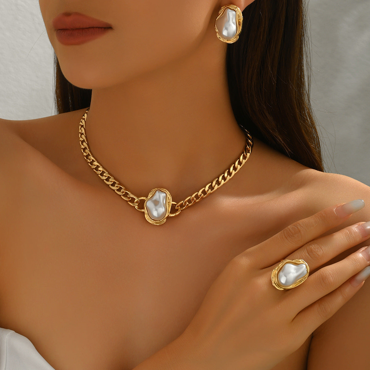 Set de Collar, Pulsera y Pendientes Geométricos de Aleación con Incrustaciones de Perlas para Mujer