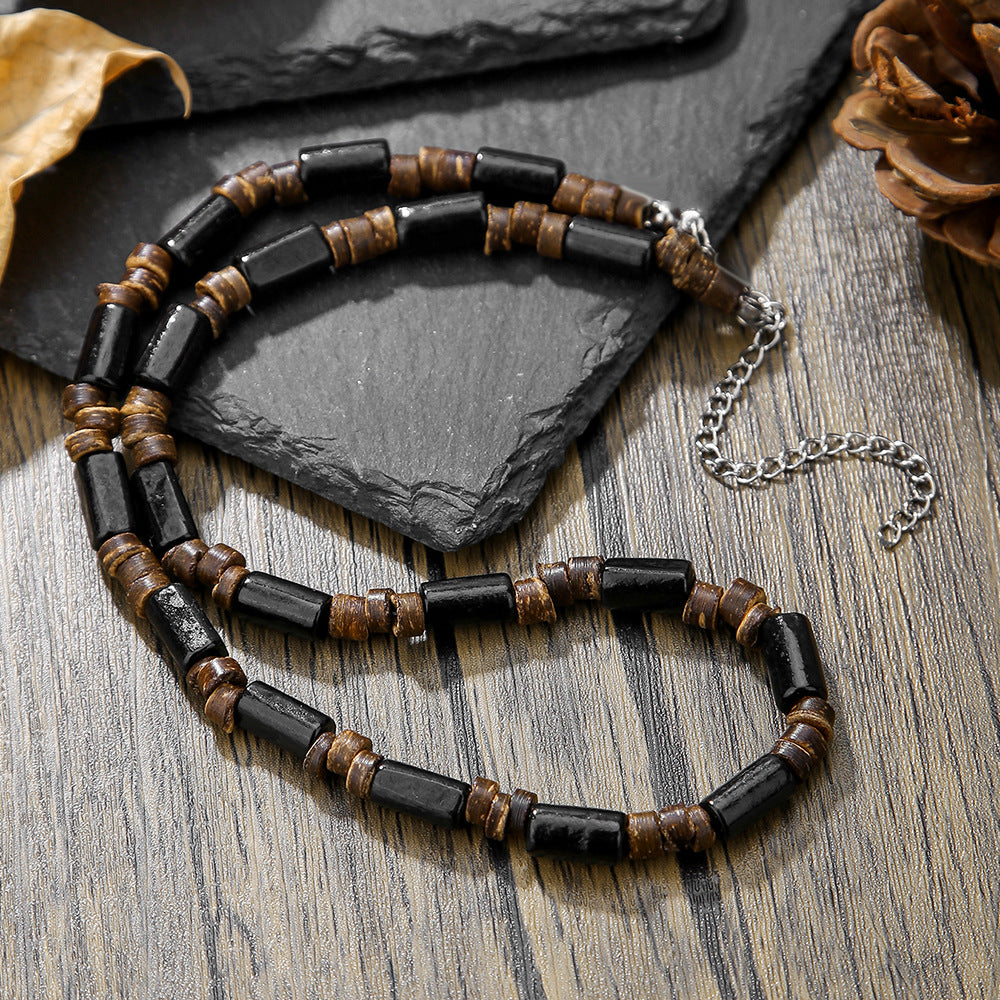 Bohemian Minimalist Geometric Wood and Turquoise Pendant Stainless Steel Ball Chain Necklace for Men and Women