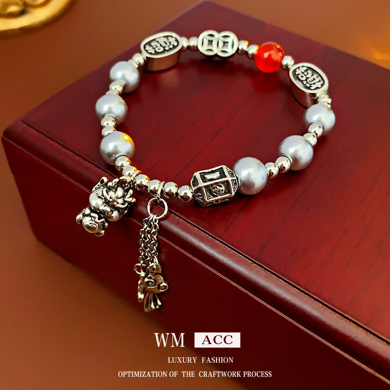 Bracciale da donna personalizzato a forma di drago in smalto con carattere "Fu" e perla, accessorio festivo di Capodanno in lega galvanizzata