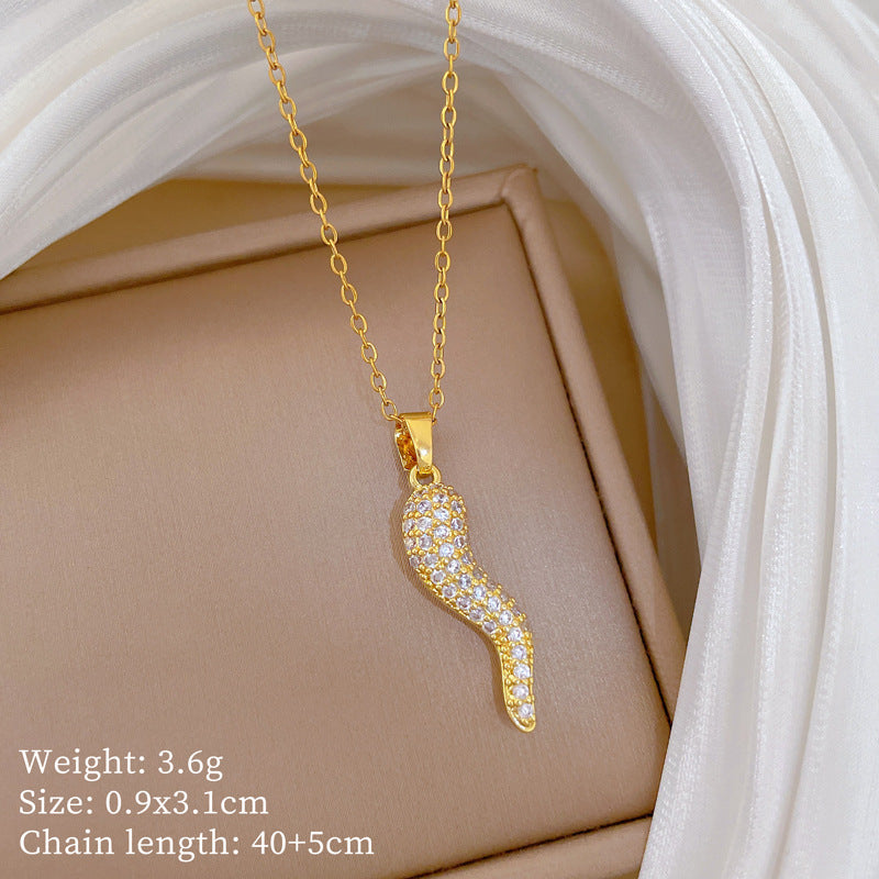 Sweet Minimalist Animal Shape Brass Pendant with Cubic Zirconia Inlay Titanium Steel Necklace for Unisex