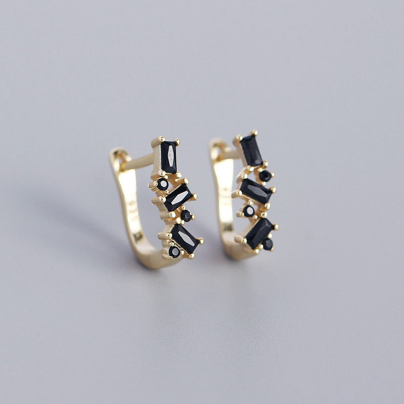 Vintage Minimalist 925 Sterling Silver Geometric U-Shaped Hoop Earrings with Cubic Zirconia for Women