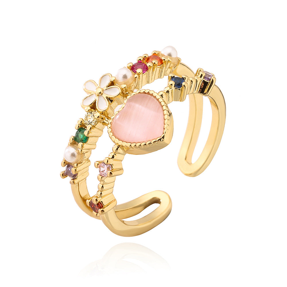 Anello da Donna a Cuore Minimalista alla Moda in Rame Placcato Oro con Zirconi Micro-Pave