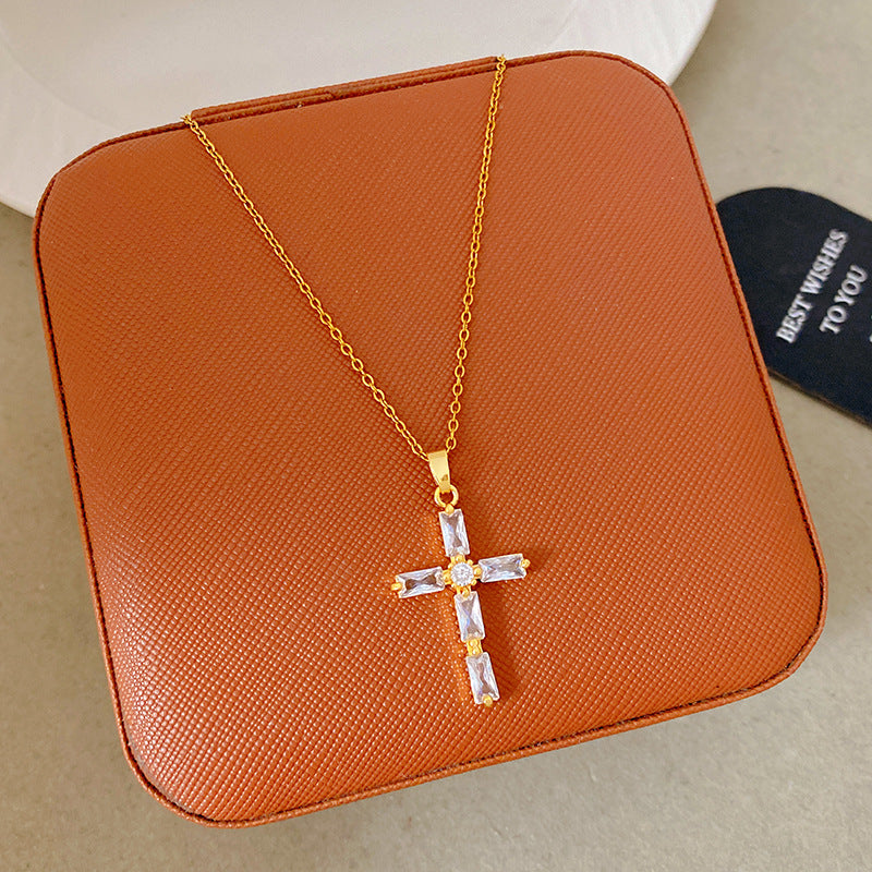 Sporty Sweet 18K Gold Plated Cross Titanium Steel Necklace with Cubic Zirconia for Women