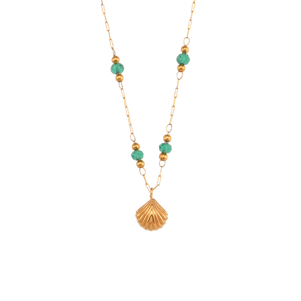 Minimalist Fashion Acrylic and Titanium Steel Geometric Clavicle Necklace with Green Bead and Shell Pendant