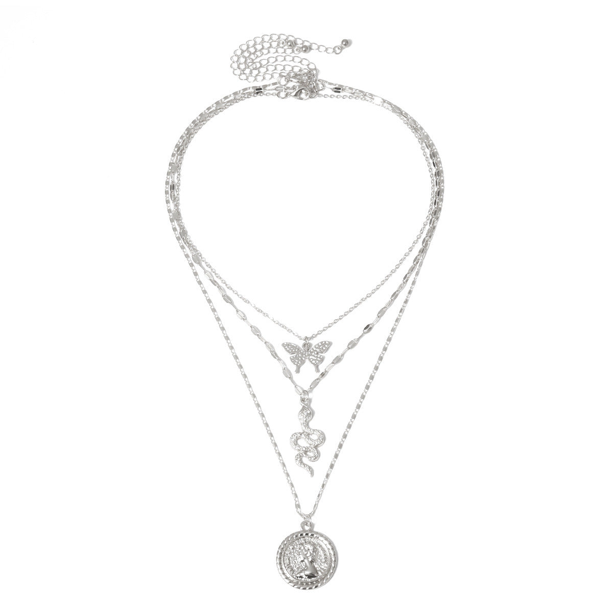 Engraved Butterfly Iron Necklace Set with Curb Chain for Women