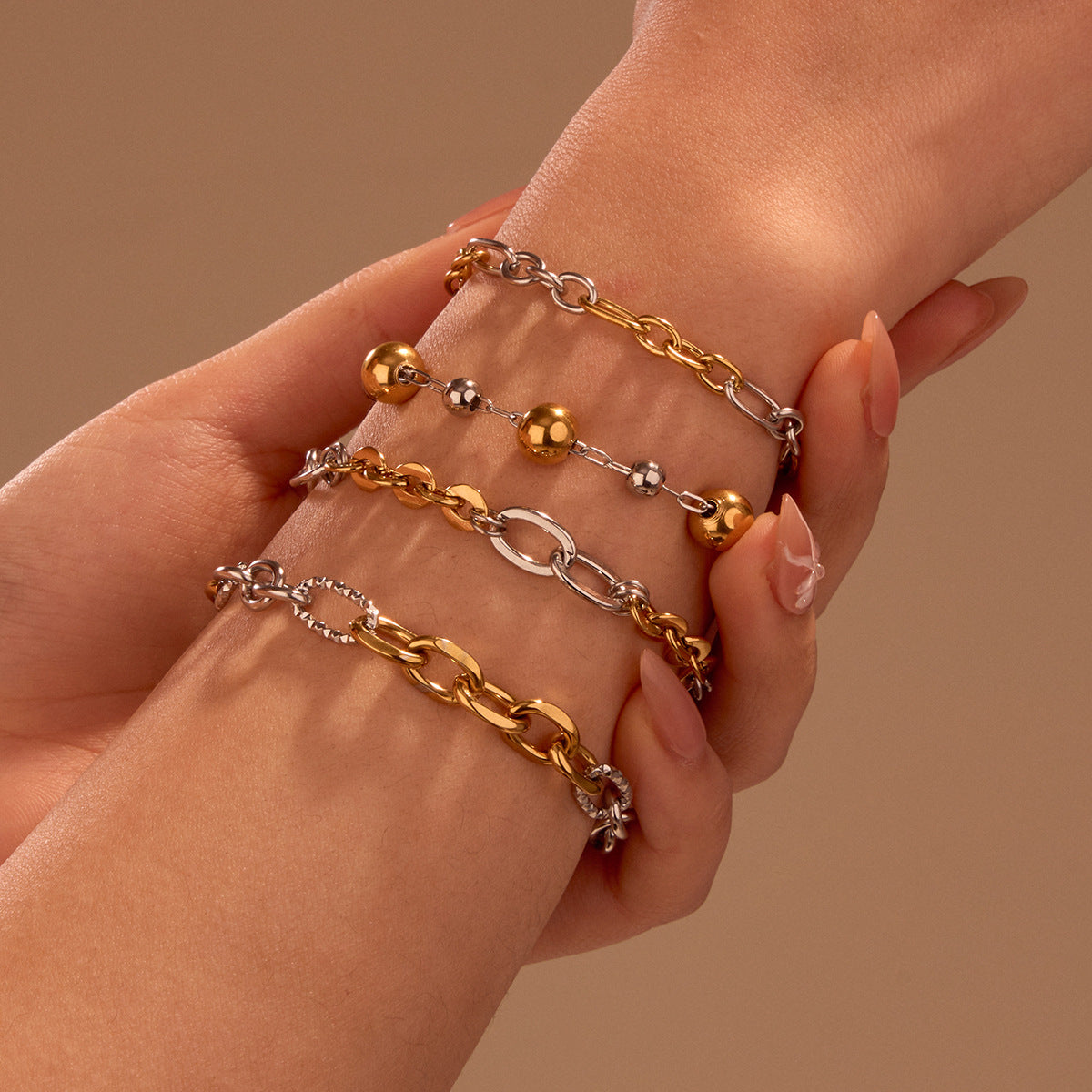 Vintage-Inspired Geometric Stainless Steel Plated Bracelet for Women with Contrasting Color Design