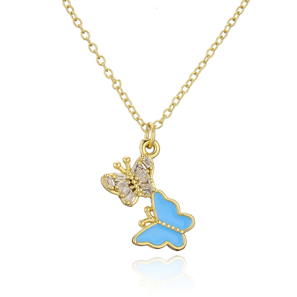Gold Plated Brass Geometric Butterfly Pendant Necklace with Cubic Zirconia Inlay for Women