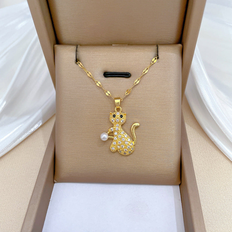 Collana Minimalista con Ciondolo Gatto Perla in Acciaio Inossidabile con Motivo Luna per Donna e Uomo