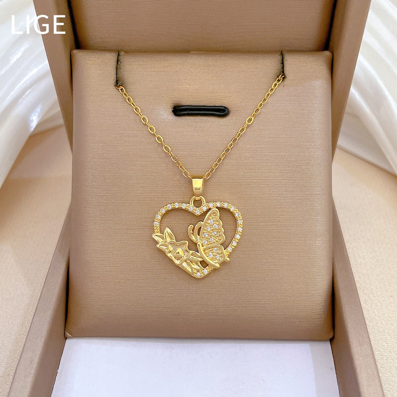 Sweet Minimalist Heart Butterfly Rhinestone Titanium Steel Necklace for Unisex