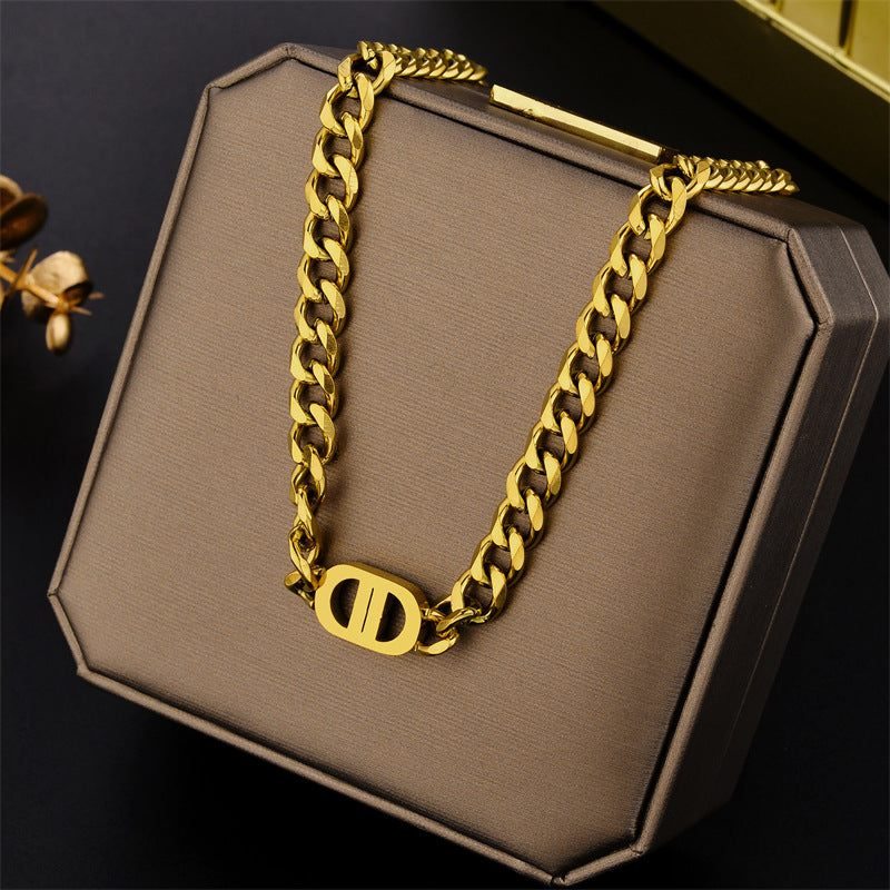 Minimalist Geometric Letter Pendant Titanium Steel Necklace with Gold Plating for Women