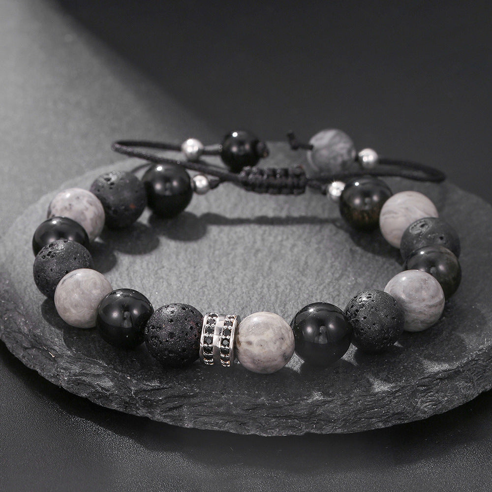 Vintage 10mm Round Stone Beaded Bracelet with Brass and Cubic Zirconia Inlay Adjustable Unisex Jewelry