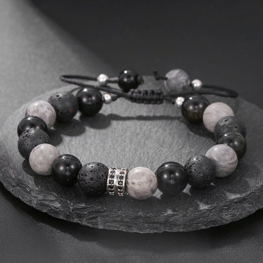 Vintage 10mm Round Stone Beaded Bracelet with Brass and Cubic Zirconia Inlay Adjustable Unisex Jewelry