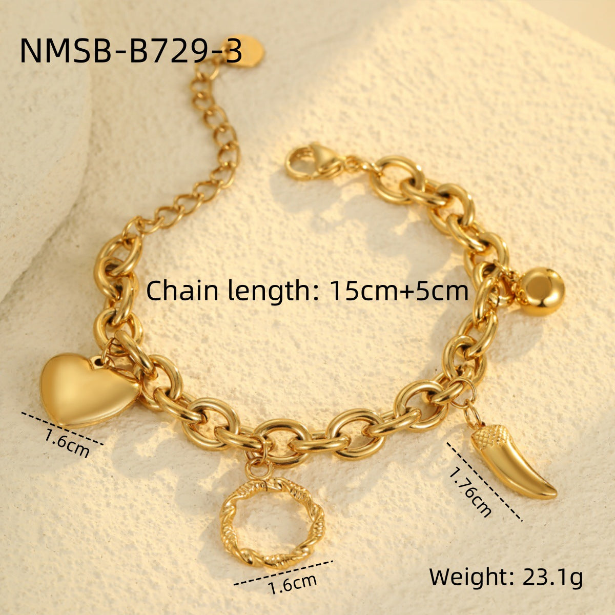 Vintage-Inspired Women's Stainless Steel Plated Bracelet with Heart Pendant and Tassel Detail