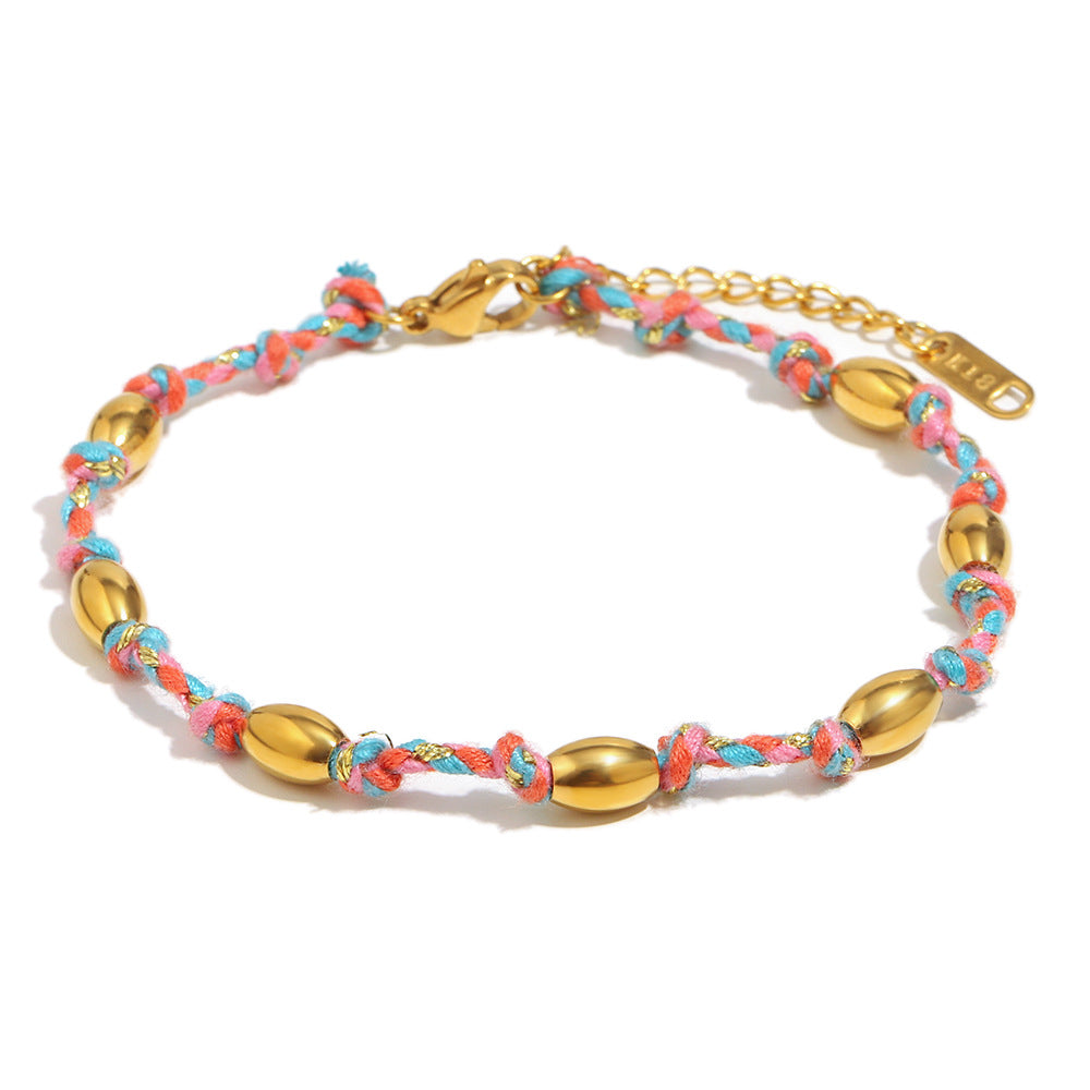 Fashionable Geometric Stainless Steel Plated 18K Gold Knotted Beaded Bracelet for Women