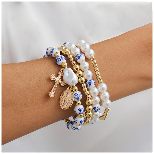 Pulsera vintage de porcelana azul y blanca con cuentas para mujer, con colgante de cruz y detalles de perlas