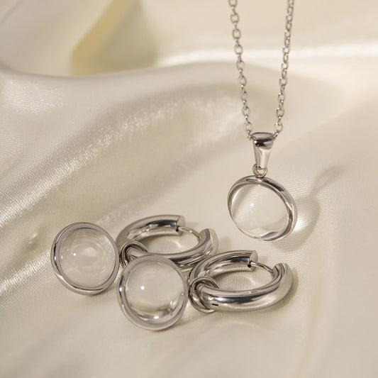 Collar Colgante Minimalista de Bola de Cristal Redonda para Mujer con Colgante de Acero de Titanio y Cadena de Acero Inoxidable con Acabado Bañado
