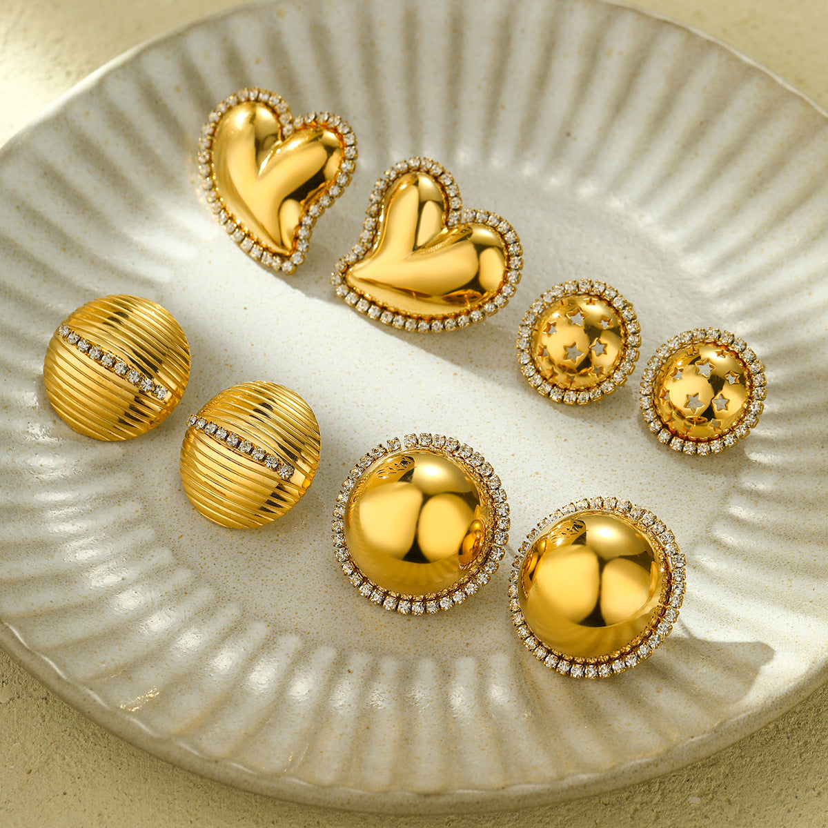 Fashionable Heart-Shaped and Star-Shaped Hollow Stainless Steel Earrings with Rhinestone Inlay for Women