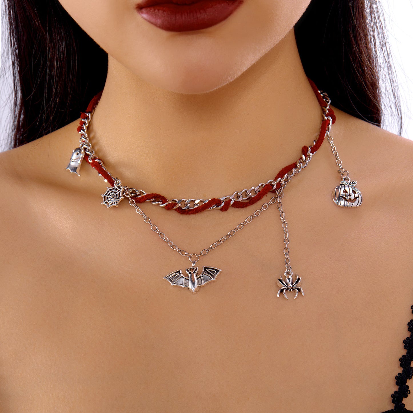 Juego de collar y pulsera góticos oscuros para Halloween con dijes de calabaza, fantasma, murciélago y araña, joyas chapadas en aleación para unisex