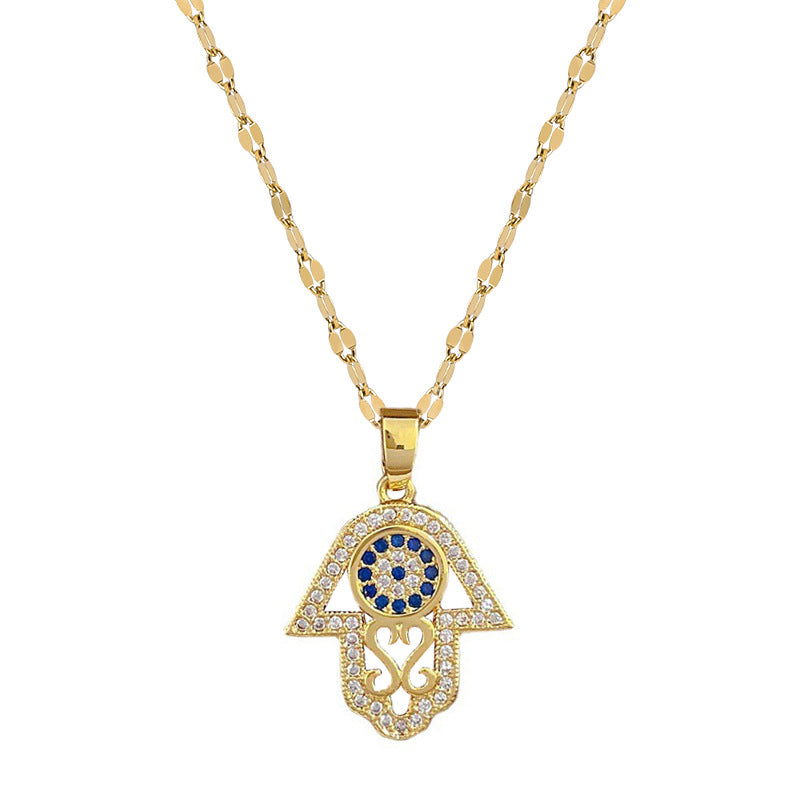Collana Pendente Minimalista Mano con Occhio in Acciaio Inossidabile con Finitura Placcata da Donna