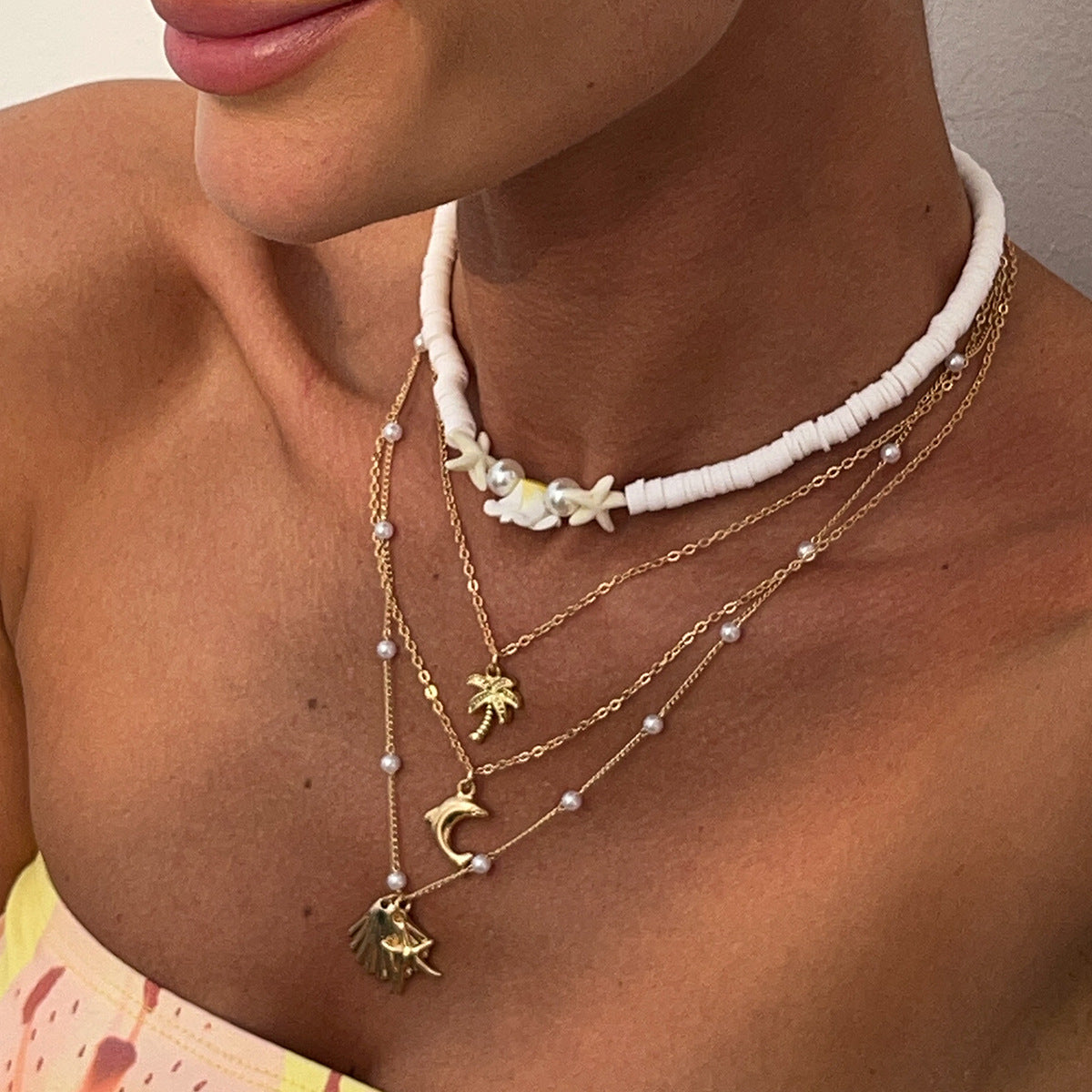 Vacation Style Seashell Pendant Necklace for Women with Polymer Clay and Imitation Pearl Accents on Copper-Plated Iron Chain