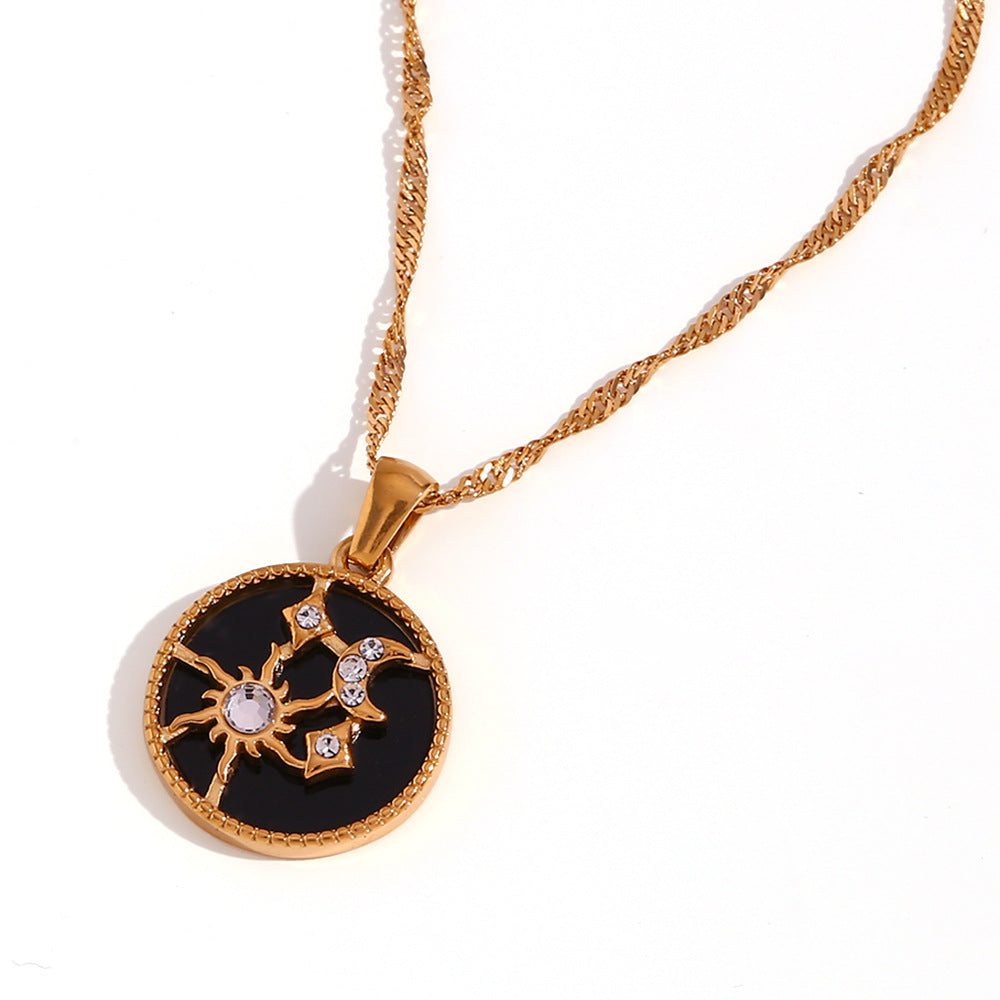 Fashionable Minimalist Sun and Moon Geometric Pendant Necklace for Women in Stainless Steel with 18K Gold Plating
